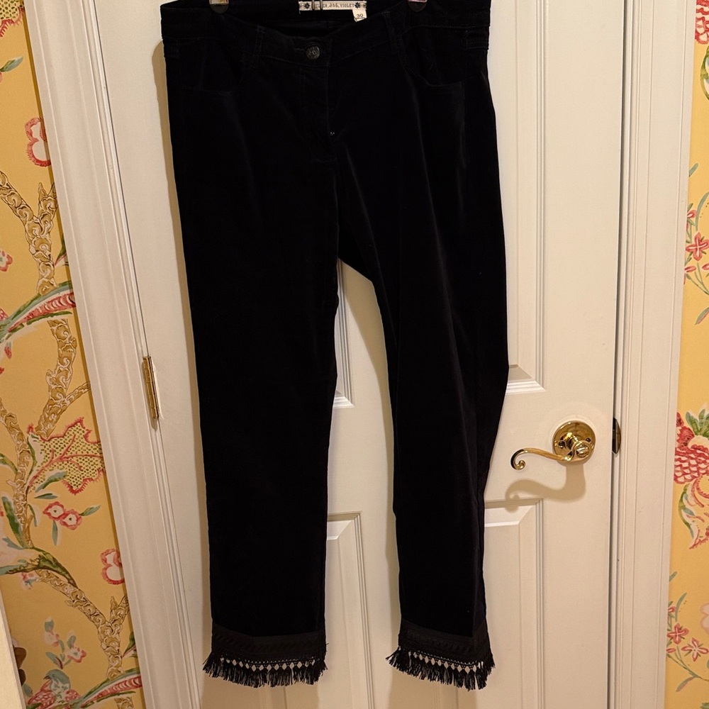 Chelsea and Violet Black Velvet crop Pants with Fringe Hem